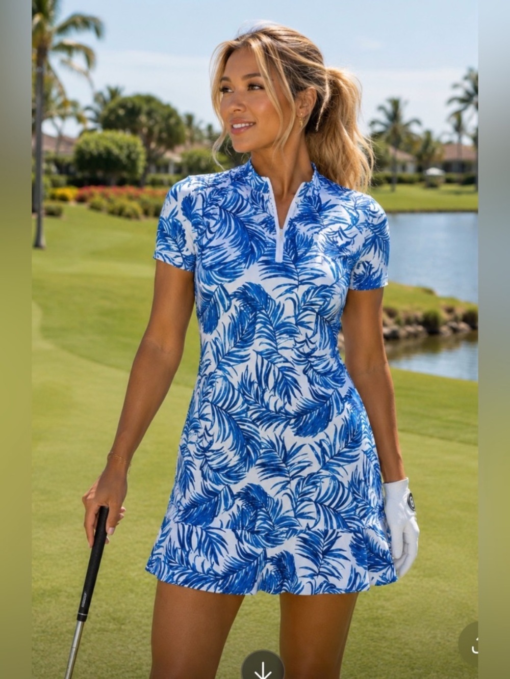 Tommy Bahama Golf Dress Medium UPF 50 Blue Tropical 1/4 Zip Tennis Dress